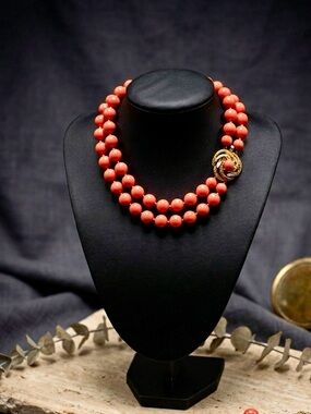Vintage Mid-Century Salmon Coral Hue Double Strand Beaded Choker